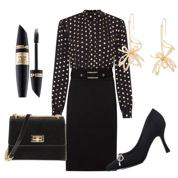 Outfit donna - A cena elegante. Stile Chic per Serata fuori. Abbinamento con vestiti, mascara, orecchini, borse a tracolla, décolleté.
