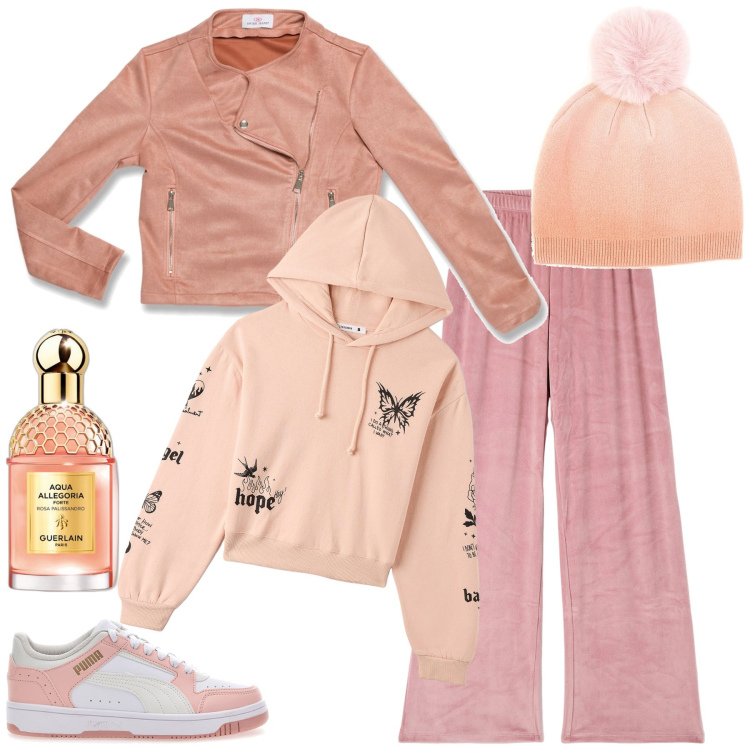 Outfit donna - Rosa rosa. Stile Basic per Tutti i giorni. Abbinamento con profumi, pantaloni, felpe con cappuccio, cappotti, sneakers, berretti.