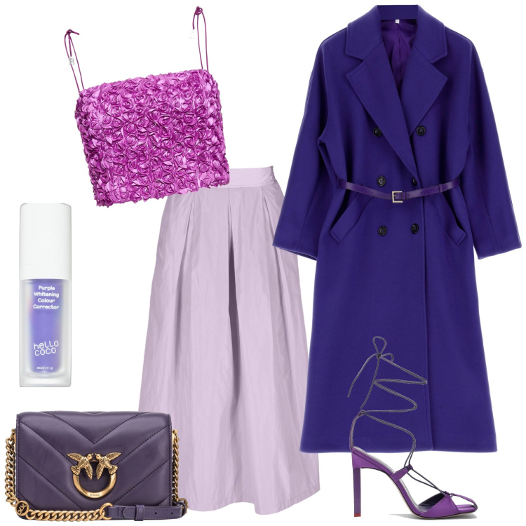 Outfit donna - Galà della befana. Stile Glamour per Serata fuori. Abbinamento con correttori, borse a tracolla, cappotti, gonne, top, sandali col tacco.