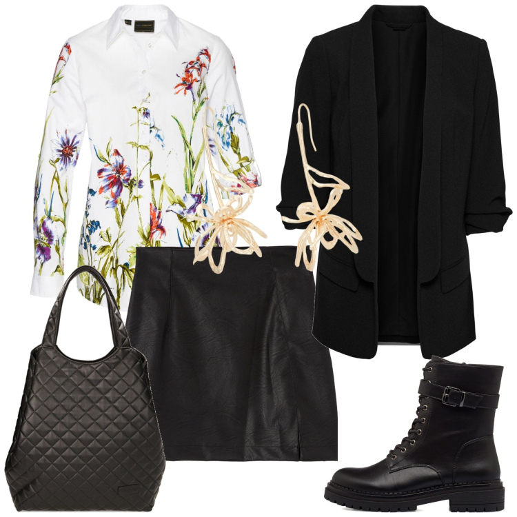 Outfit donna - La camicetta. Stile Casual chic per Tutti i giorni. Abbinamento con blazer, camicie, minigonne, borse a spalla, orecchini, anfibi.