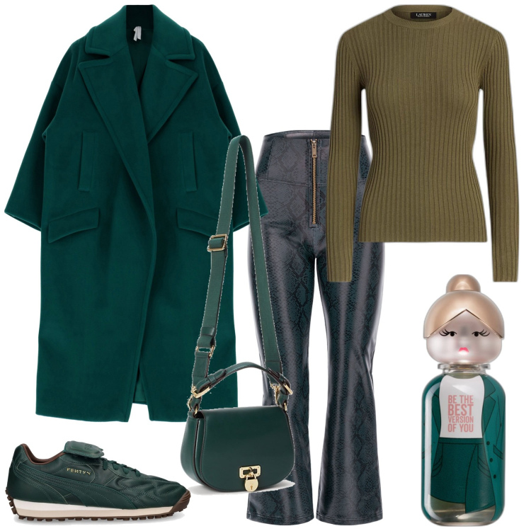 Outfit donna - Sfumature di verde. Stile Casual per Tutti i giorni. Abbinamento con profumi, cappotti, pantaloni, maglieria, borse a tracolla, sneakers alte.