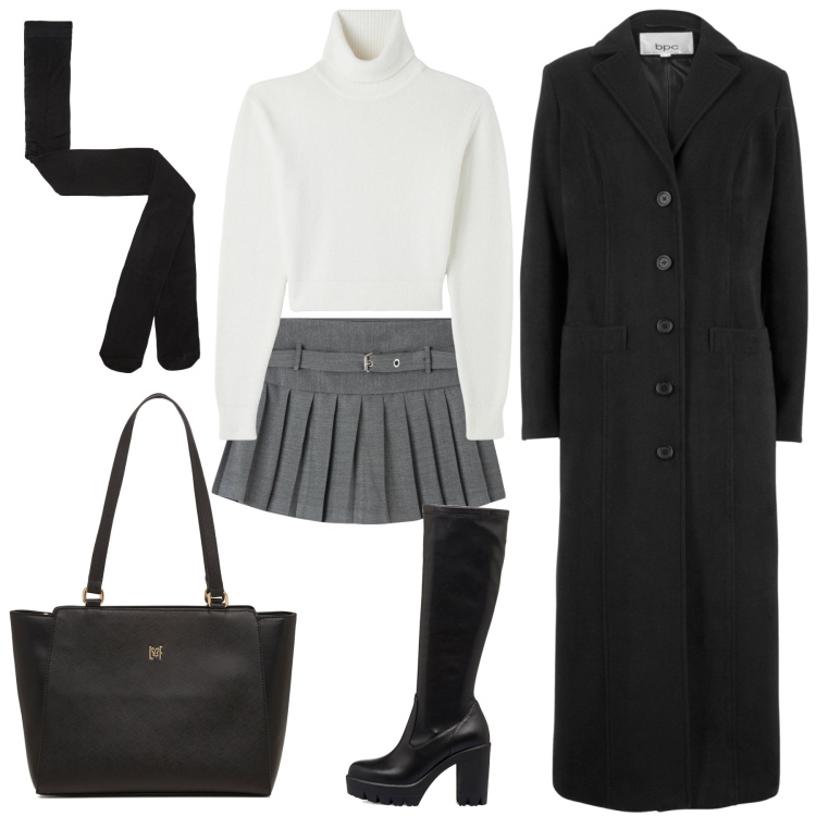 Outfit donna - Serata con gli amici. Stile Chic per Serata fuori. Abbinamento con cappotti, collant, minigonne, maglieria, stivali, borse a spalla.