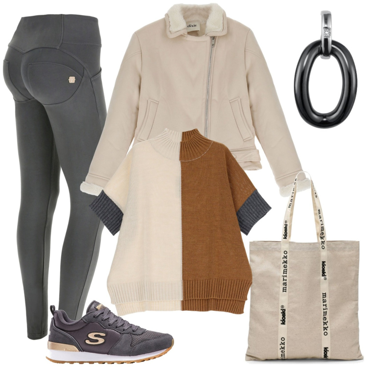 Outfit donna - Sportiva a lezione. Stile Casual per Scuola/Università. Abbinamento con sneakers, pantaloni skinny, maglieria, cappotti, borse tote, orecchini.