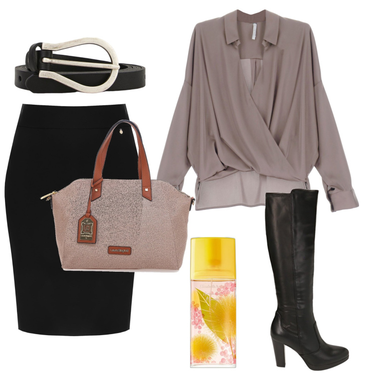 Outfit donna - Il tubino nero. Stile Casual chic per Ufficio. Abbinamento con profumi, gonne, camicie, stivali sopra il ginocchio, cinture, borse a mano.