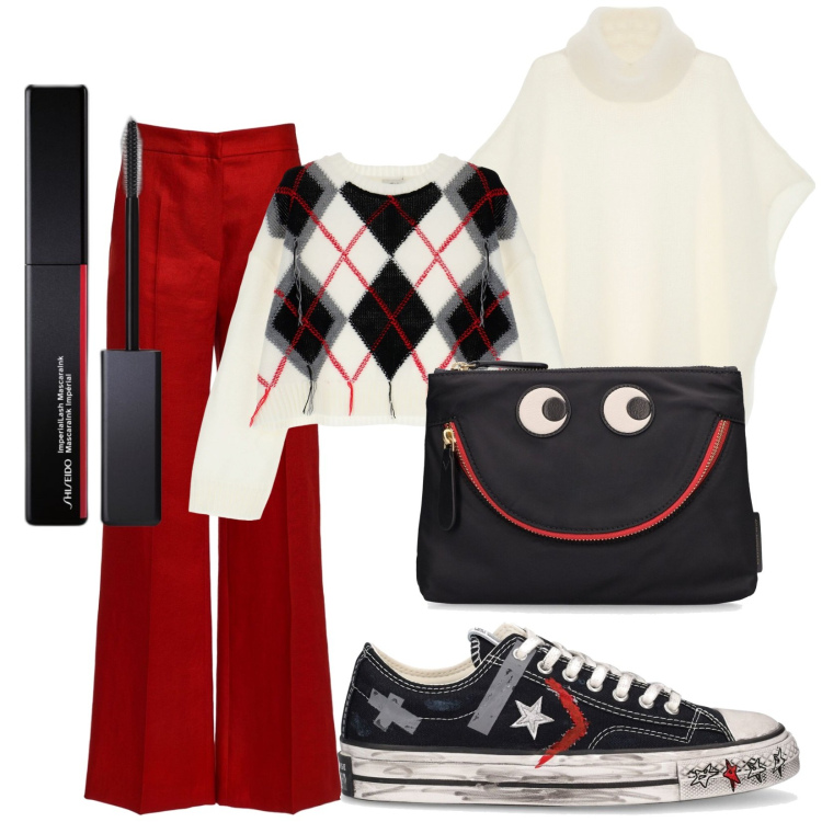 Outfit donna - Buon 2024!. Stile Sporty chic per Tutti i giorni. Abbinamento con mascara, cappe, pullovers, pantaloni, pochette, sneakers.
