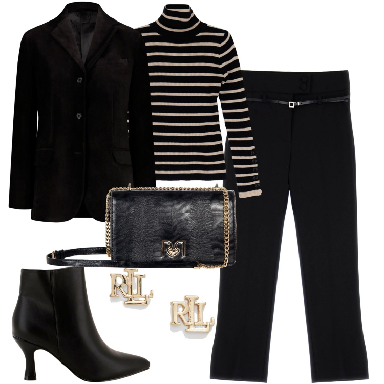 Outfit donna - City. Stile Trendy per Tutti i giorni. Abbinamento con borse a tracolla, maglieria, pantaloni, stivaletti, orecchini, blazer.