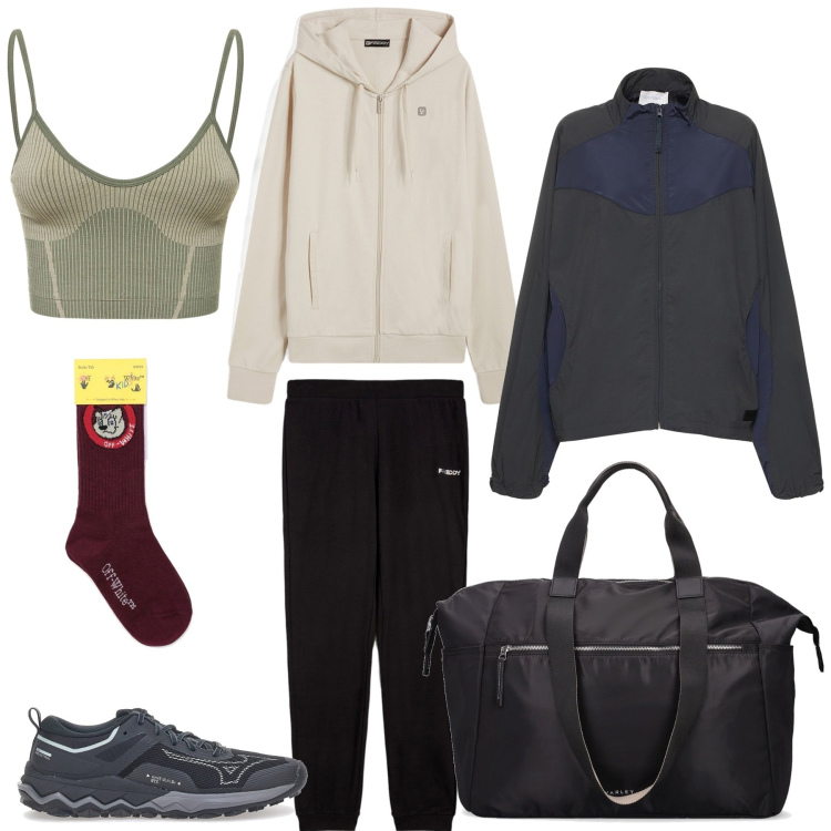 Outfit donna - Ginnastica post feste. Stile Basic per Tutti i giorni. Abbinamento con tute sportive, calzini, bralette, giacche sportive, borse sportive, scarpe sportive.
