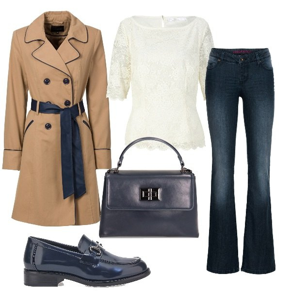 Outfit donna - Jeans e pizzo bianco. Stile Casual chic per Ufficio. Abbinamento con trench, jeans bootcut, bluse, borse a mano, mocassini.