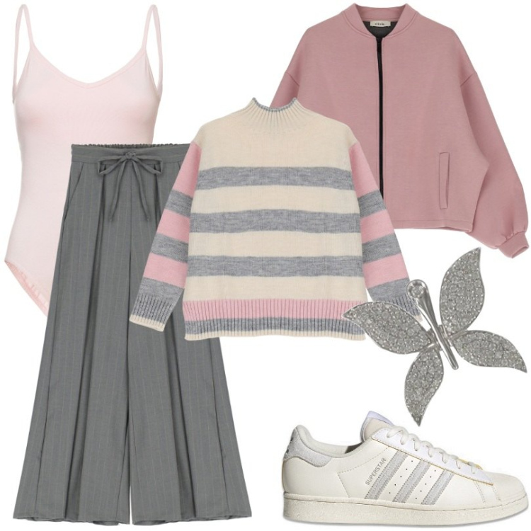 Outfit donna - bellissimo pantalone a palazzo. Stile Casual per Scuola/Università. Abbinamento con body, maglieria, pantaloni a palazzo, blazer, sneakers, ciondoli.
