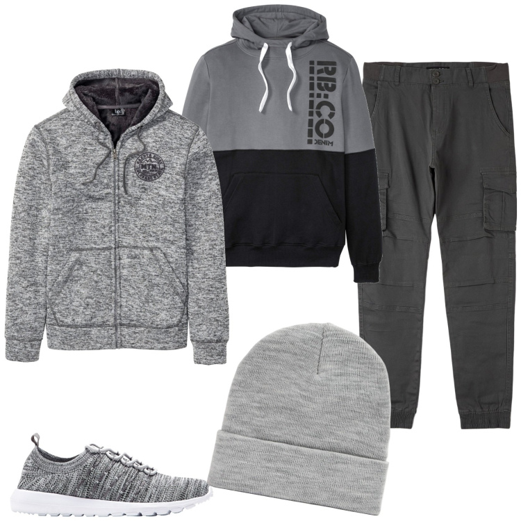 Outfit uomo - Il grigio e le sue sfumature. Stile Casual per Tutti i giorni. Abbinamento con felpe con cappuccio, giacche, sneakers, pantaloni cargo, berretti.