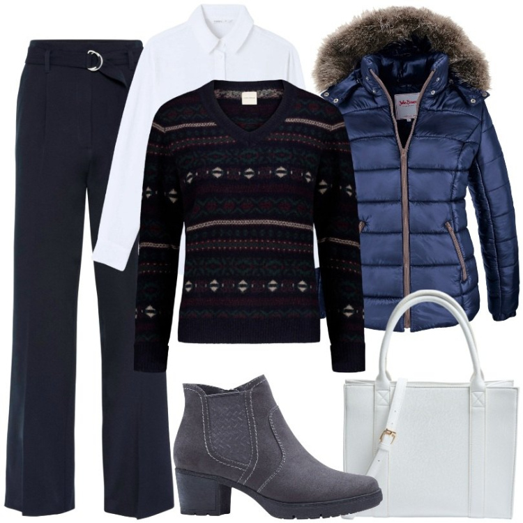 Outfit donna - un must have per tutto l’inverno. Stile Casual per Tutti i giorni. Abbinamento con piumini, stivaletti, pantaloni, shopping bag, camicie, maglieria.