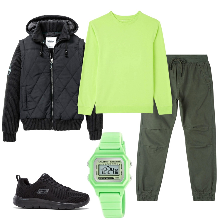 Outfit uomo - Verde e nero. Stile Casual per Tutti i giorni. Abbinamento con sneakers, giacche, pantaloni, felpe, orologi digitali.
