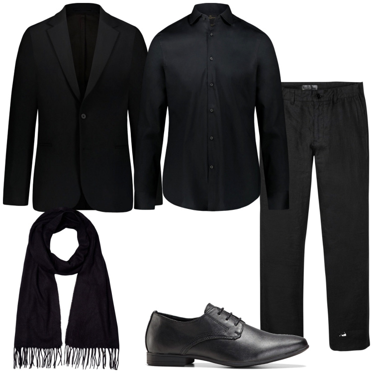 Outfit uomo - Elegantemente in nero. Stile Business/Elegante per Serata speciale. Abbinamento con pantaloni, scarpe stringate, camicie, abiti, sciarpe.