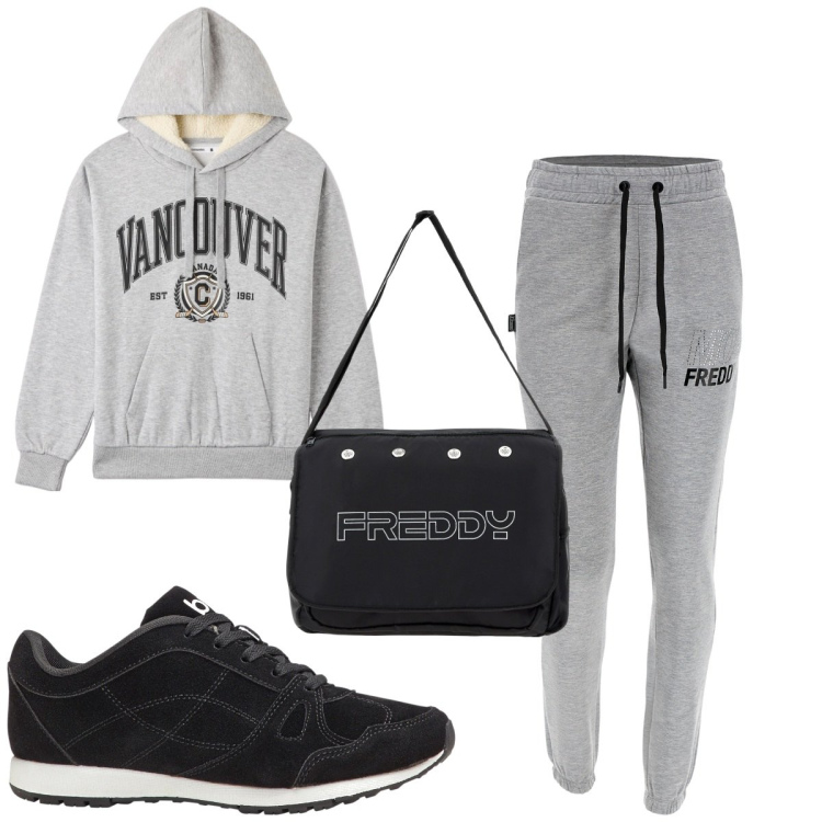 Outfit donna - Total look #1790739. Stile Basic per Sport. Abbinamento con sneakers alte, felpe con cappuccio, borse messenger, pantaloni.