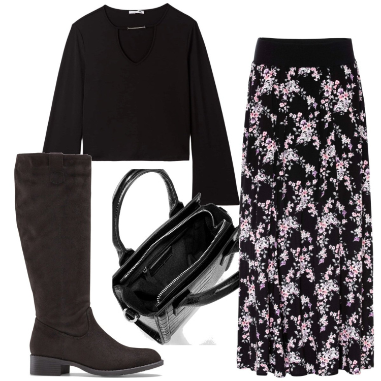 Outfit donna - Total look #1790747. Stile Trendy per Tutti i giorni. Abbinamento con gonne lunghe, stivali, borse a mano, t-shirt.