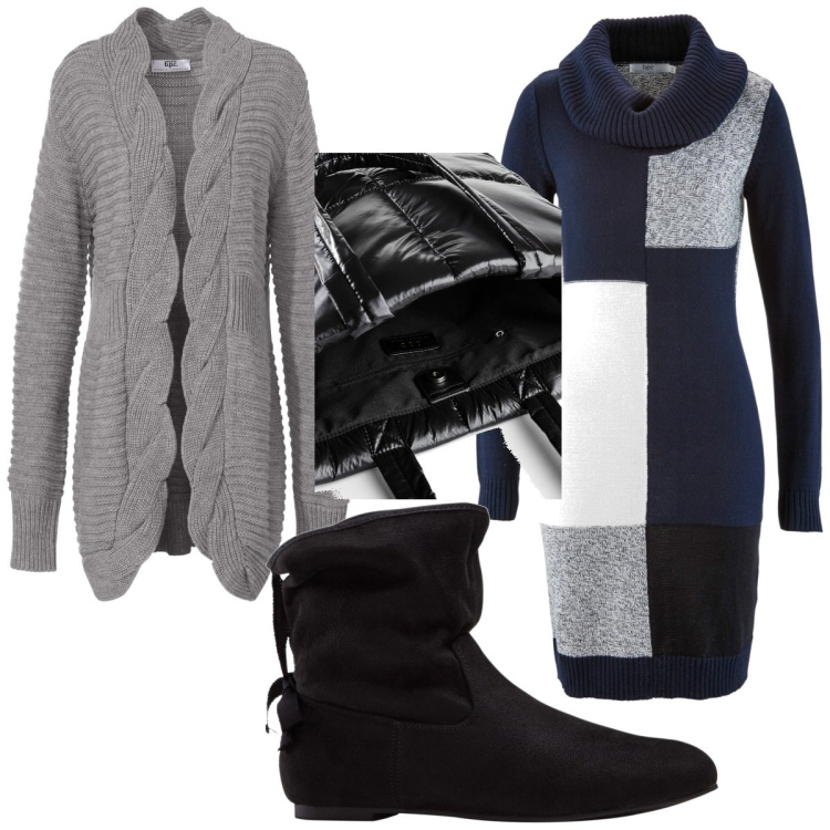 Outfit donna - Total look #1790763. Stile Trendy per Tutti i giorni. Abbinamento con vestiti midi/longuette, stivaletti, cardigans, shopping bag.