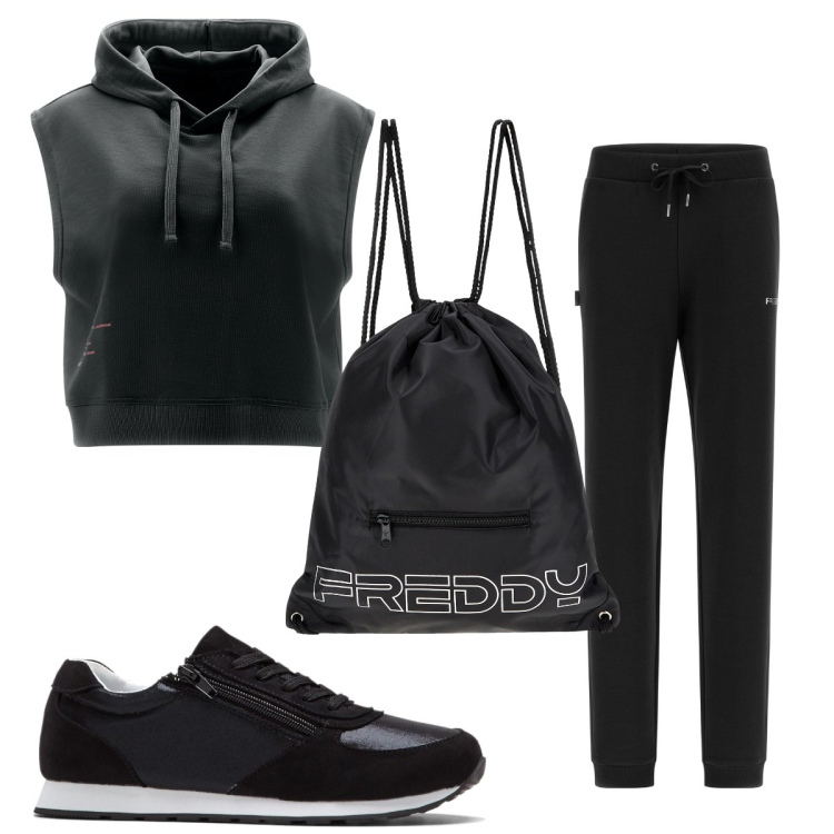 Outfit donna - Total look #1790766. Stile Basic per Sport. Abbinamento con sneakers, zaini, pantaloni, felpe con cappuccio.