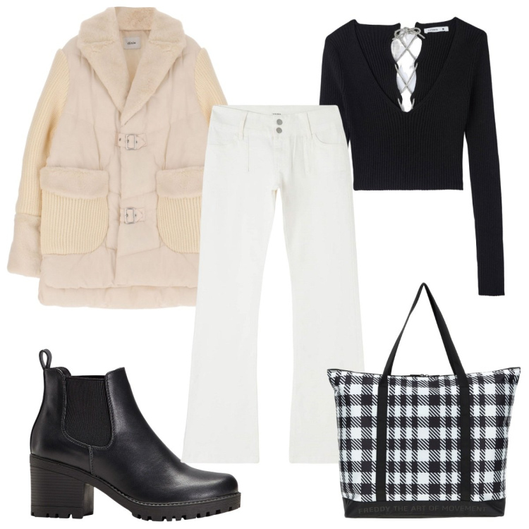 Outfit donna - Black & White tutti i giorni. Stile Trendy per Tutti i giorni. Abbinamento con stivaletti chelsea, pantaloni, maglieria, borse tote, blazer.