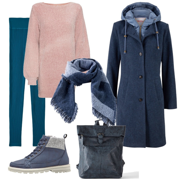 Outfit donna - Maxipull e leggins. Stile Casual per Tutti i giorni. Abbinamento con maglieria, cappotti, stivaletti, zaini, sciarpe, leggings.