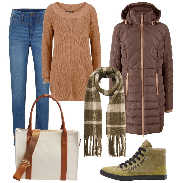 Outfit donna - Nei toni delle foglie. Stile Casual per Tutti i giorni. Abbinamento con blazer, maglieria, sneakers, jeans skinny, sciarpe, shopping bag.