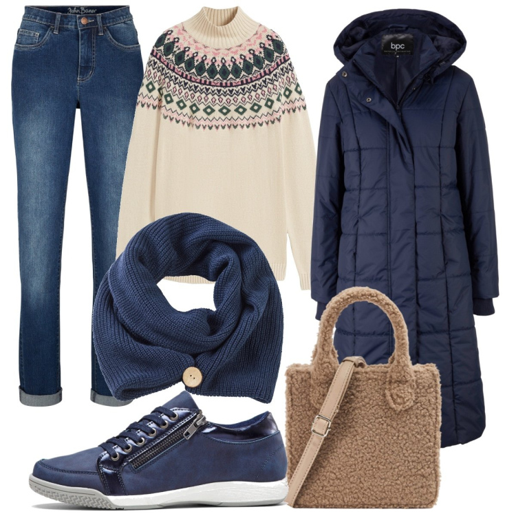 Outfit donna - Panna e blu. Stile Casual per Tutti i giorni. Abbinamento con blazer, jeans dritti, maglieria, foulard, sneakers alte, shopping bag.