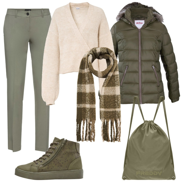 Outfit donna - Due passi tra i monti. Stile Casual per Tutti i giorni. Abbinamento con pantaloni, piumini, sneakers alte, maglieria, sciarpe, zaini.