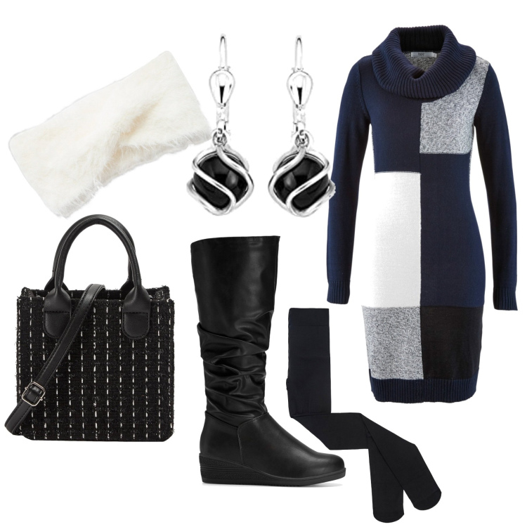 Outfit donna - Stare calde con classe. Stile Basic per Tutti i giorni. Abbinamento con vestiti midi/longuette, stivali, collant, shopping bag, fasce per capelli, orecchini.