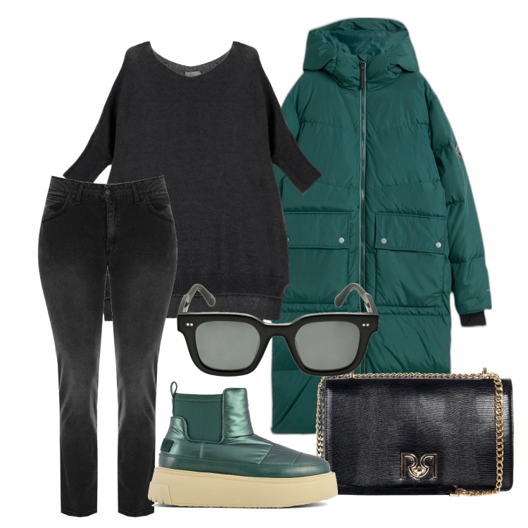 Outfit donna - Ghost outfitter - gennaio. Stile Casual per Tutti i giorni. Abbinamento con piumini, borse a tracolla, jeans, maglieria, stivali sopra il ginocchio, occhiali da sole.