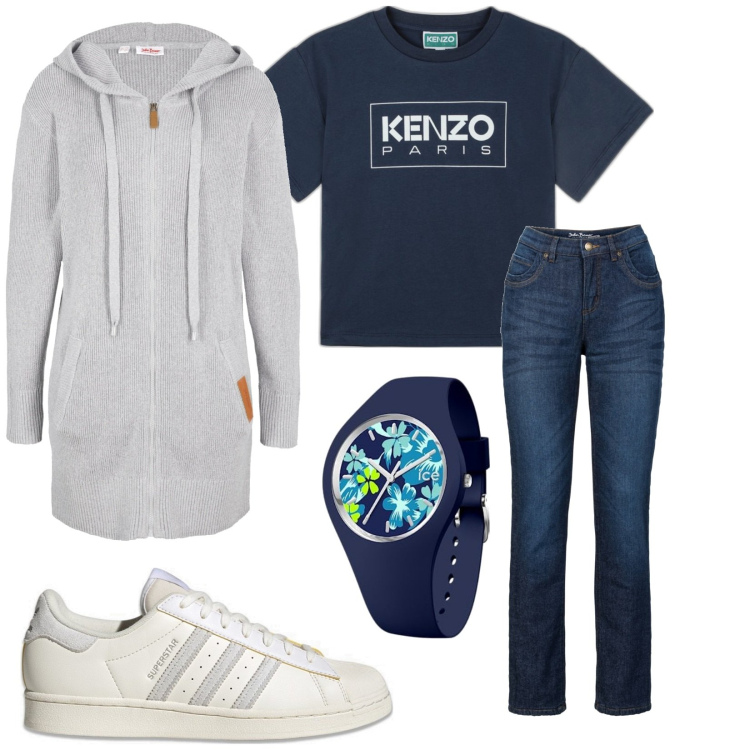 Outfit donna - Total look #1790816. Stile Casual per Tutti i giorni. Abbinamento con cardigans, jeans dritti, sneakers, orologi, t-shirt.