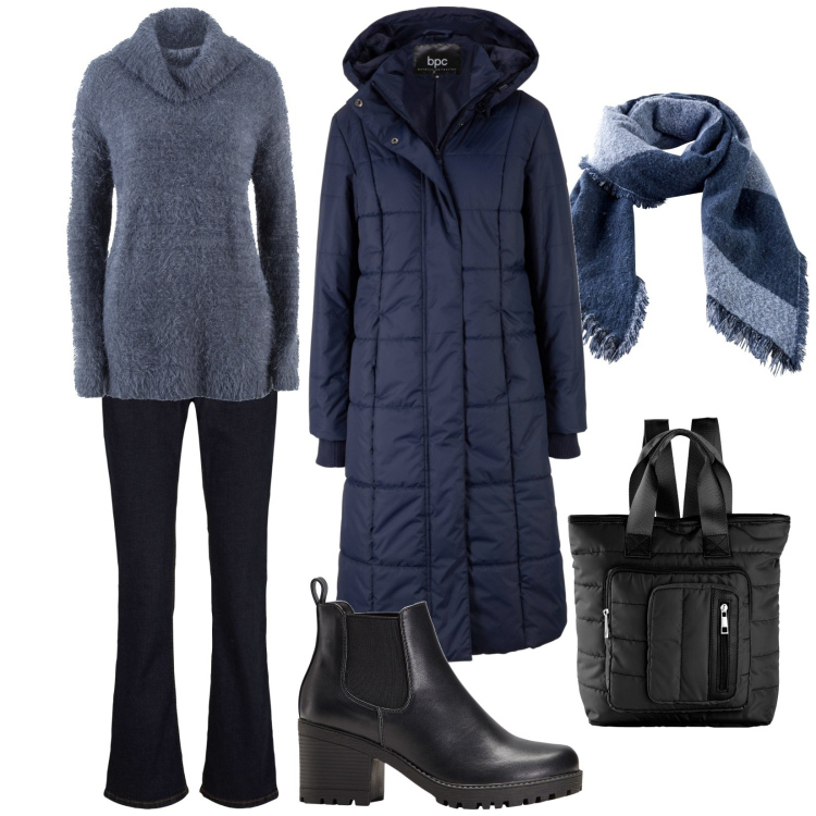 Outfit donna - Caldo blu. Stile Minimal per Tutti i giorni. Abbinamento con blazer, stivaletti chelsea, maglieria, jeans bootcut, zaini, sciarpe.
