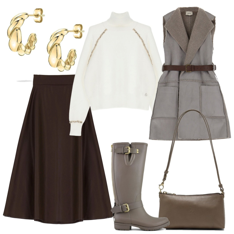 Outfit donna - La gonna ed il maxi gilet invernale. Stile Trendy per Tutti i giorni. Abbinamento con gonne longuette, blazer, maglieria, stivali, borse a spalla, orecchini.