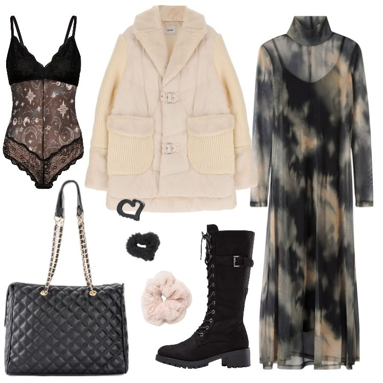 Outfit donna - Ecomontone morbido e caldo. Stile Urban per Ufficio. Abbinamento con shopping bag, stivali, body, vestiti, accessori per capelli, blazer.