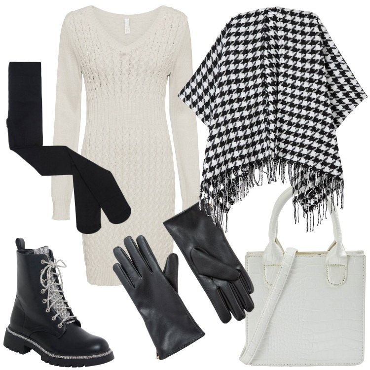 Outfit donna - Al lavoro con poncho ed abito in maglia. Stile Urban per Ufficio. Abbinamento con vestiti, cappe, shopping bag, anfibi, guanti, collant.