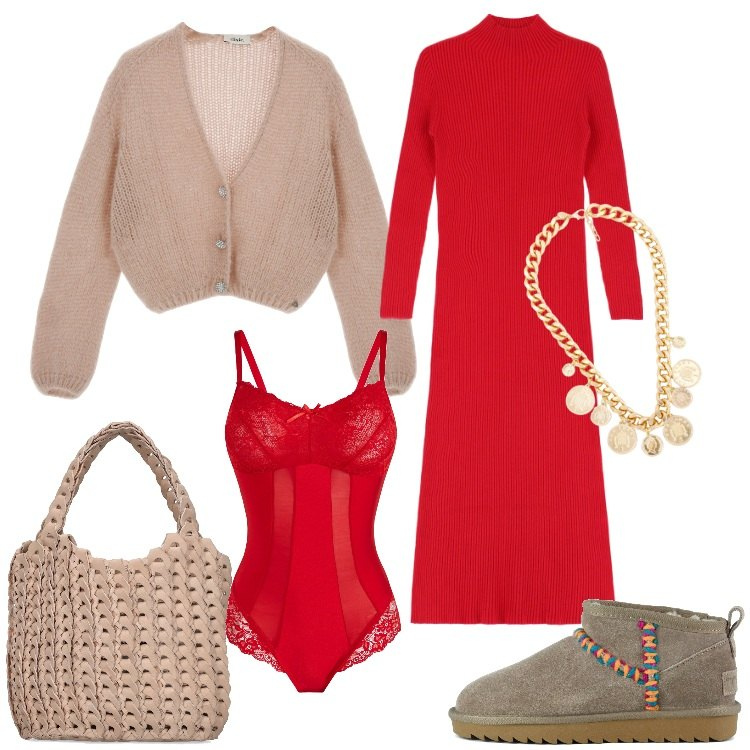 Outfit donna - Il body accattivante. Stile Casual chic per Tutti i giorni. Abbinamento con body, vestiti midi/longuette, cardigans, collane, borse a mano, stivali sopra il ginocchio.