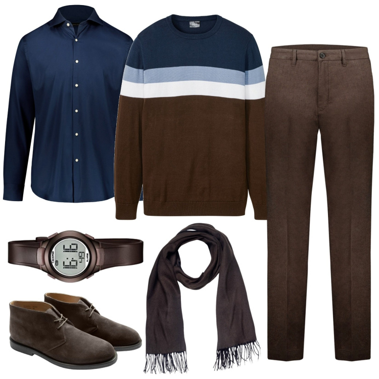 Outfit uomo - Impeccabile in ufficio. Stile Business/Elegante per Ufficio. Abbinamento con maglieria, pantaloni, orologi digitali, stivali, sciarpe, camicie.