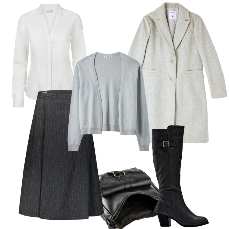 Outfit donna - Bon ton in ufficio. Stile Bon Ton per Ufficio. Abbinamento con camicie, stivali, borse a tracolla, cardigans, cappotti, gonne lunghe.