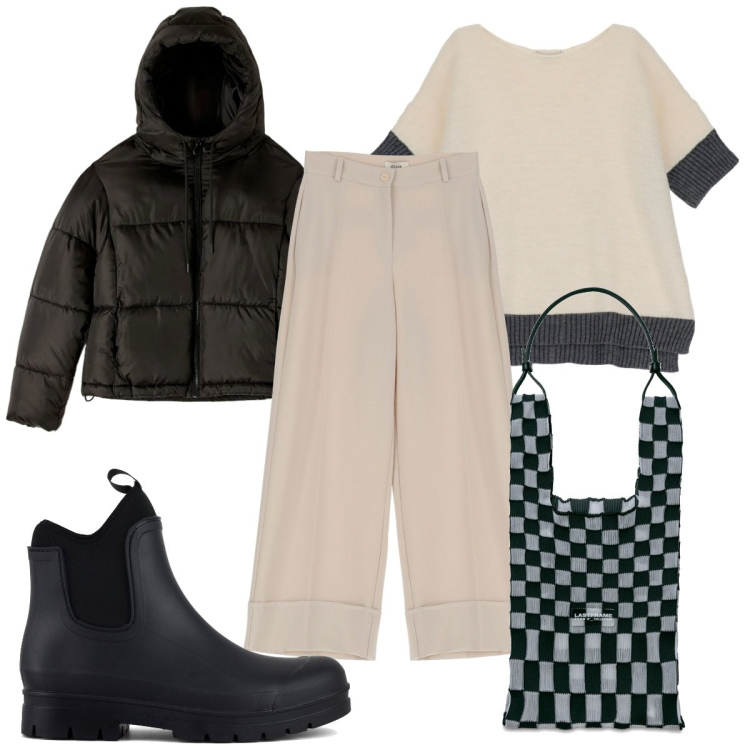 Outfit donna - Total look #1790881. Stile Trendy per Tutti i giorni. Abbinamento con piumini, pantaloni a palazzo, maglieria, stivali, borse a spalla.