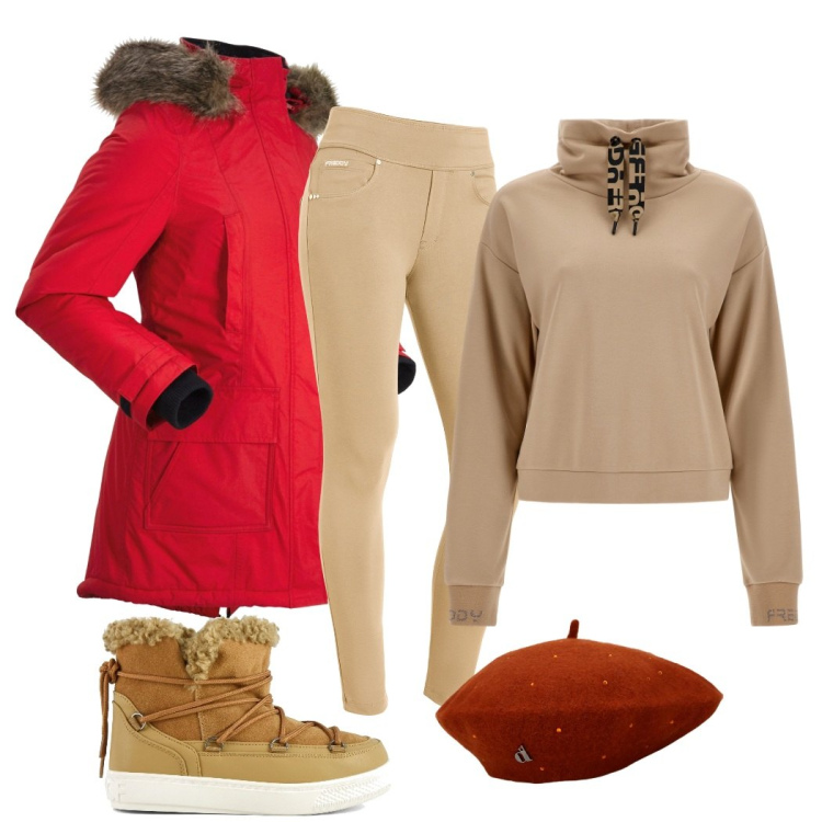 Outfit donna - Passeggiata in montagna. Stile Urban per Tutti i giorni. Abbinamento con parka, pantaloni skinny, maglieria, cappelli e berretti, stivali da neve.