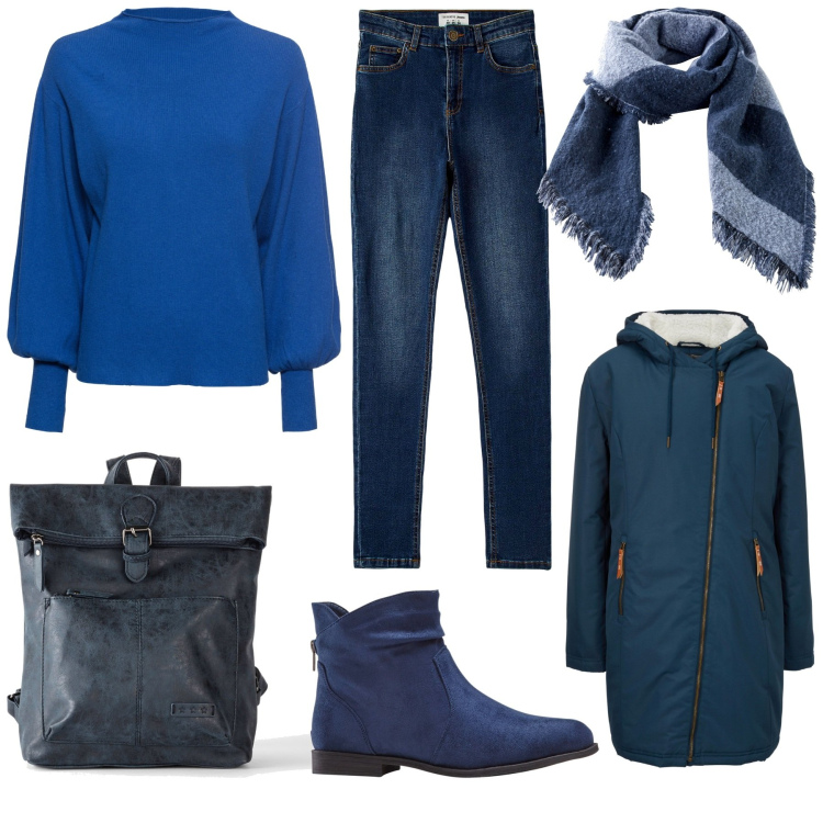 Outfit donna - Blue tuesday. Stile Basic per Tutti i giorni. Abbinamento con maglieria, stivaletti, cappotti, zaini, sciarpe, jeans skinny.