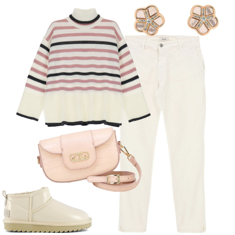 Outfit donna - Toni chiari. Stile Romantica per Tutti i giorni. Abbinamento con maglieria, pochette, jeans slim fit, stivali, orecchini.