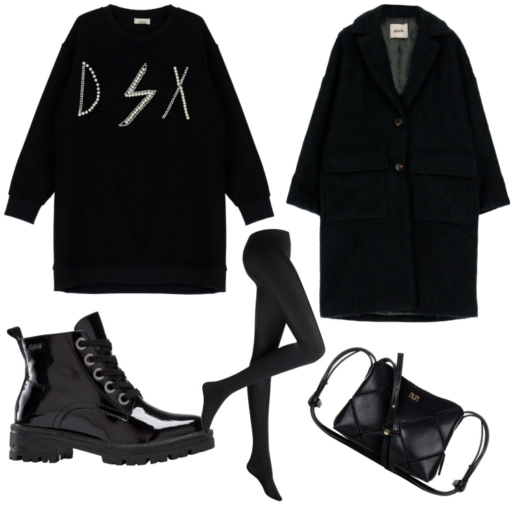Outfit donna - Dixie al parco. Stile Casual per Tutti i giorni. Abbinamento con collant, stivaletti, borse a spalla, vestiti corti, cappotti.
