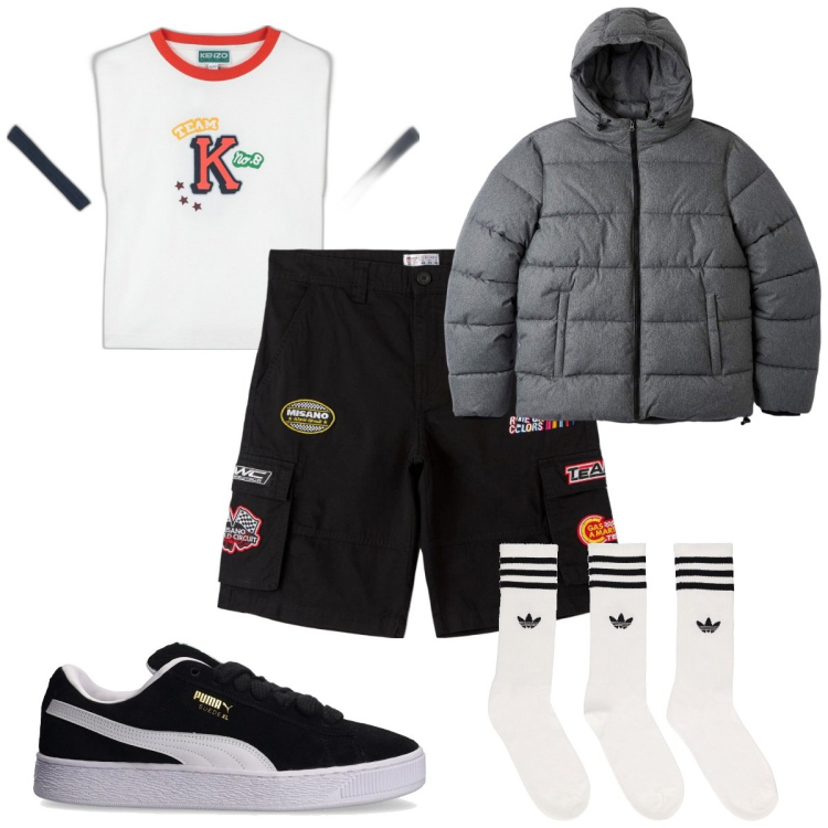 Outfit uomo - Total look #1790904. Stile Trendy per Tutti i giorni. Abbinamento con bermuda, piumini, sneakers, calzini, t-shirt.