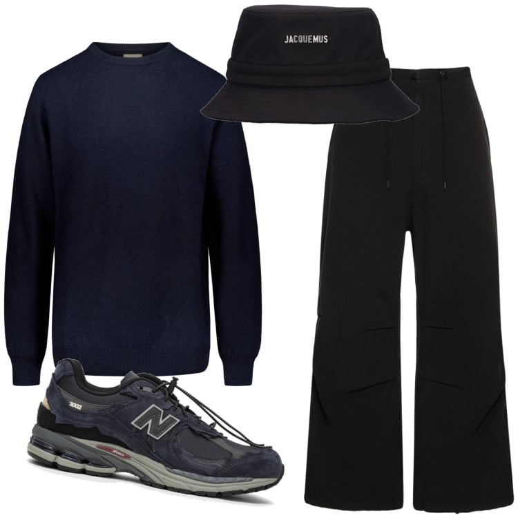 Outfit uomo - Total black. Stile Casual per Tutti i giorni. Abbinamento con maglieria, cappelli, pantaloni, sneakers.