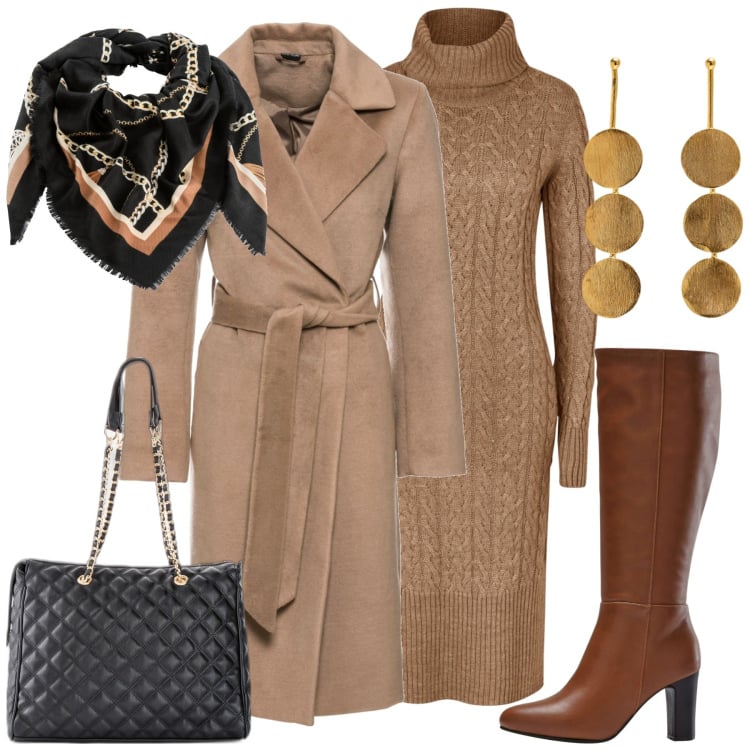 Outfit donna - Daily chic. Stile Chic per Tutti i giorni. Abbinamento con shopping bag, cappotti, vestiti midi/longuette, stivali, foulard, orecchini.
