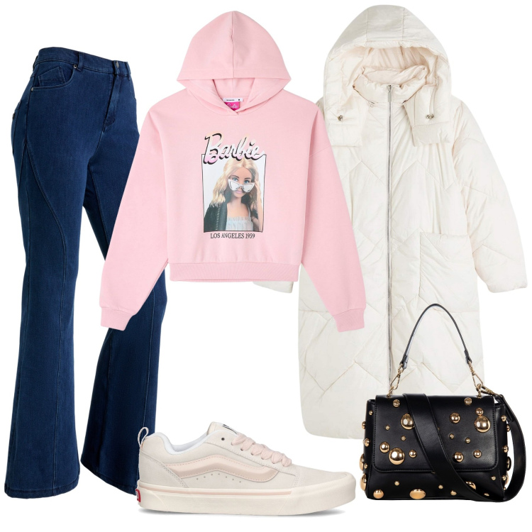 Outfit donna - Total look. Stile Casual per Tutti i giorni. Abbinamento con felpe con cappuccio, blazer, borse a spalla, jeans a zampa, sneakers.