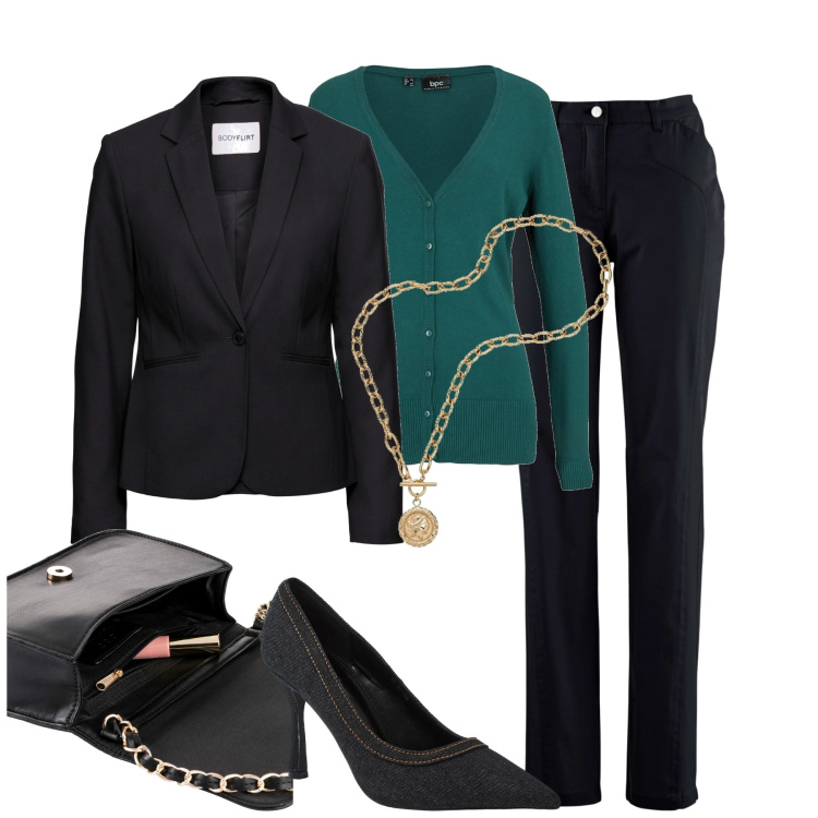 Outfit donna - In ufficio. Stile Bon Ton per Ufficio. Abbinamento con blazer, borse a tracolla, pantaloni sportivi, cardigans, décolleté, collane.