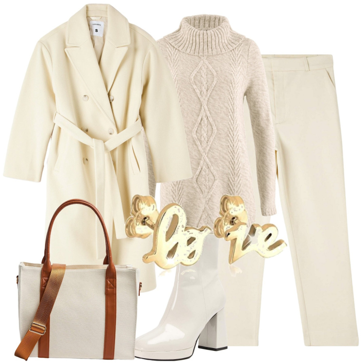 Outfit donna - White winter. Stile Casual chic per Tutti i giorni. Abbinamento con maglieria, pantaloni chino, cappotti, stivaletti, shopping bag, orecchini.