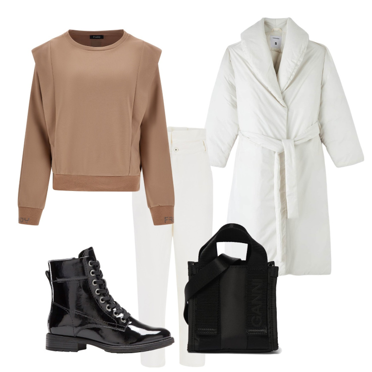 Outfit donna - Serata in baita. Stile Casual per Serata fuori. Abbinamento con stivaletti, piumini, jeans, maglieria, shopping bag.