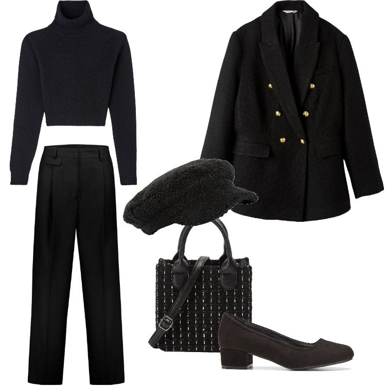 Outfit donna - Total look #1790980-Gennaio. Stile Urban per Ufficio. Abbinamento con décolleté, cappelli con visiera, maglieria, shopping bag, blazer, pantaloni.