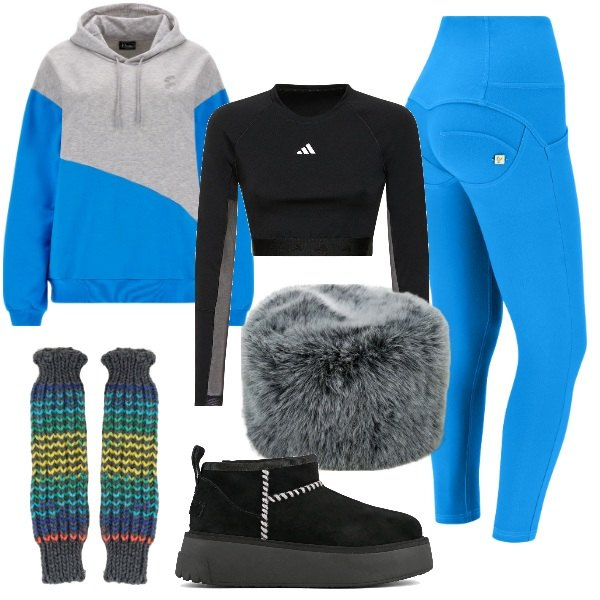 Outfit donna - In montagna. Stile Sporty chic per Sport. Abbinamento con pantaloni skinny, felpe con cappuccio, cappelli, guanti, stivali, top.